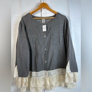 VN Womens Button Up Jacket With Lace Botton Gray Chambray 100% Cotton L NWT